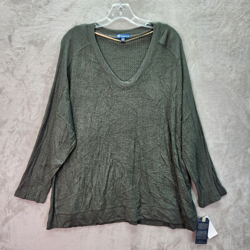 Democracy Womens 2X Olive Green Waffle Knit‎ V Neck Long Sleeve Casual Tunic Top